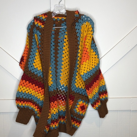 Hand Crochet Colorful Boho Cardigan Sweater Granny Square Retro Vintage Style - Picture 2 of 11
